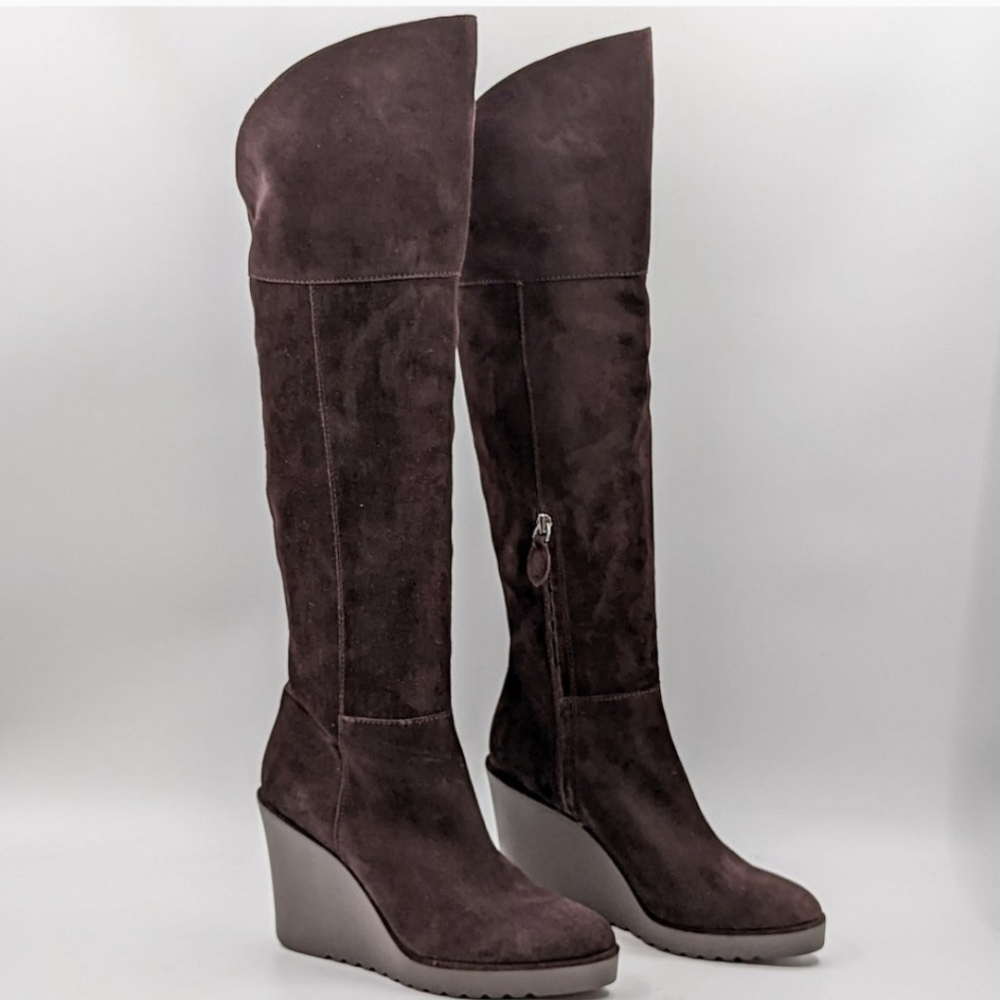 Rebecca Minkoff Women Lottee Dark Brown Suede Tall High Wedge Boots Size 9